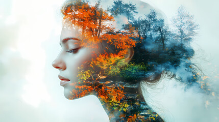Fototapeta premium Double exposure nature landscape in a woman face. portrait of lady. surreal painting. concept idea art of lonely, freedom, life, and dream. generative ai. Surreal Collage. Illustration