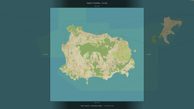 Isola d'Ischia, Italy, highlighted and labelled. Topo Humanitarian