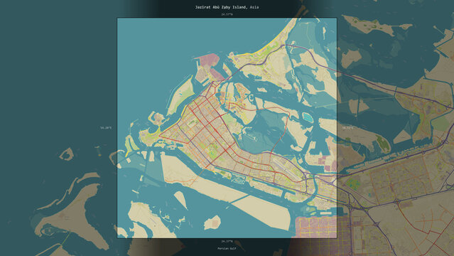 Jazirat Abu Zaby Island, United Arab Emirates, highlighted and labelled. Topo Humanitarian