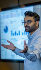 Professional speaker giving business presentation with graphs and charts, discussing data analysis in corporate environment