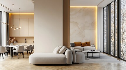 Fototapeta premium Beige home living room interior with rest and dining zone, window. Mockup wall 