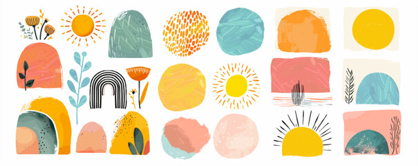 Abstract art shapes and spots. Minimalism. Vector illustrations of dots, sketch of sun, leaf, abstraction, strokes, texture, uneven lines, icons, paint strokes for banner, interior poster or design