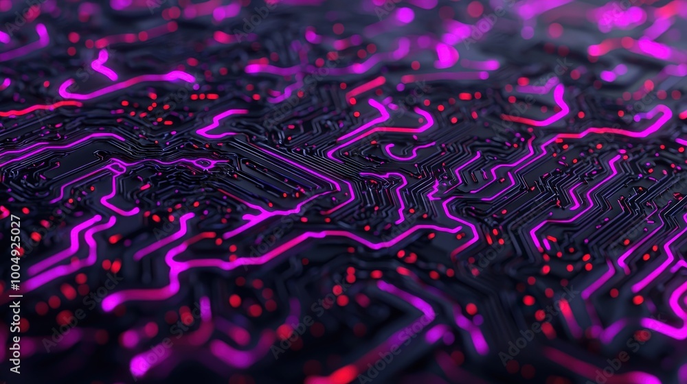 Poster abstract circuit board with glowing pink lines and red dots technology background