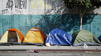 homeless tents line in bustling american city, highlighting homelessness, economic hardship, and social inequality in US and world