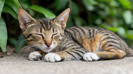 Adorable Tabby Kitten Sleeping Peacefully in Garden