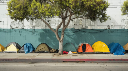 homeless tents line in bustling american city, highlighting homelessness, economic hardship, and social inequality in US and world
