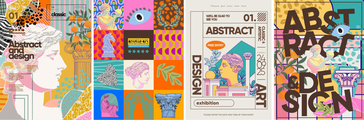 Abstract art design. Vector illustration of antique sculptures, column, modern objects, mythology, classical statue for poster for painting, music, exhibition and art, flyer, brochure, background © Ardea-studio