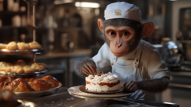 A monkey dressed as a baker decorates a cake in a bakery.