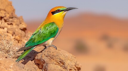 Obraz premium Colorful Chestnut Headed Bee Eater Bird Perched on Rock in Desert Landscape