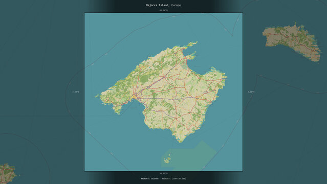 Majorca Island, Spain, highlighted and labelled. Topo Humanitarian