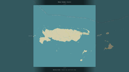 Manus Island, Papua New Guinea, highlighted and labelled. Topo Humanitarian © zelwanka