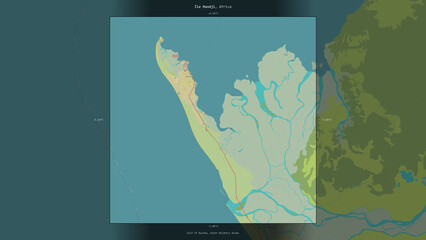 Ile Mandji, Gabon, highlighted and labelled. Topo Humanitarian © zelwanka