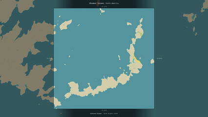 Bleaker Island, Falkland Islands, highlighted and labelled. Topo Humanitarian © zelwanka