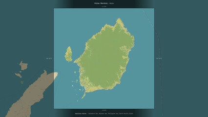 Pulau Morotai, Indonesia, highlighted and labelled. Topo Humanitarian © zelwanka