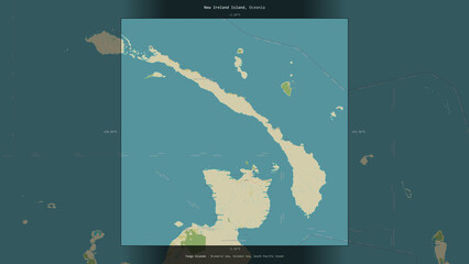 New Ireland Island, Papua New Guinea, highlighted and labelled. Topo Humanitarian © zelwanka
