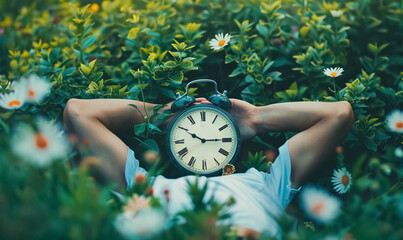 person with alarm clock head, work life balance concept, rest and recreation, connection between time and nature