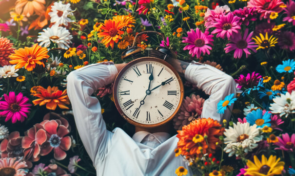 person with alarm clock head, work life balance concept, rest and recreation, connection between time and nature