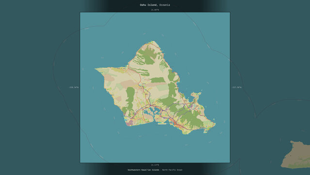 Oahu Island, United States, highlighted and labelled. Topo Humanitarian