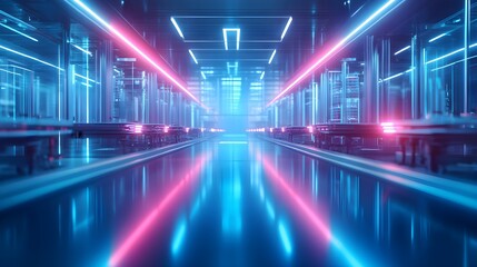 AI-controlled machines performing real-time food quality checks in a sterile, high-tech facility, vibrant neon blue holograms, Cyberpunk, Digital painting