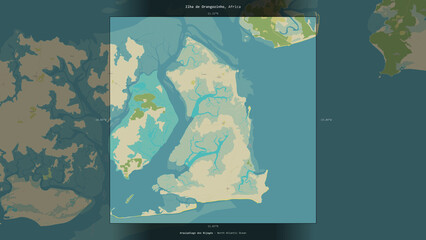 Ilha de Orangozinho, Guinea-Bissau, highlighted and labelled. Topo Humanitarian © zelwanka
