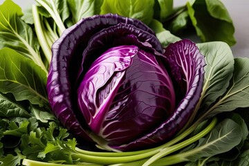 Nutritious Organic Purple Cabbage in a Fresh Closeup Surrounded by Leafy Greens