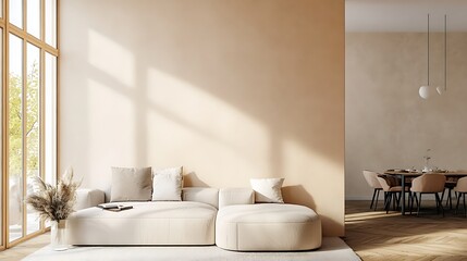  Beige home living room interior with rest and dining zone, window. Mockup wall 