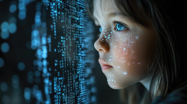 Little girl with digital code data overlay, cyberspace and information technology of the future. Ai education and cybersecurity