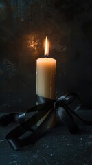 Burning black candle with a black ribbon wrapped around it on a dark background. Symbol of mourning, grief, solemnity.