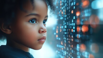 Little black girl with digital code data overlay, cyberspace and information technology of the future. Ai education and cybersecurity