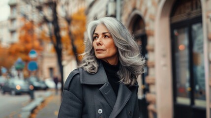 Fototapeta premium Graceful woman with gray hair walks in an autumn park, surrounded by vibrant orange leaves. blurred urban setting