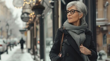 Fototapeta premium Graceful woman with gray hair walks in an winter city street. blurred urban setting. retirement age. active pension.