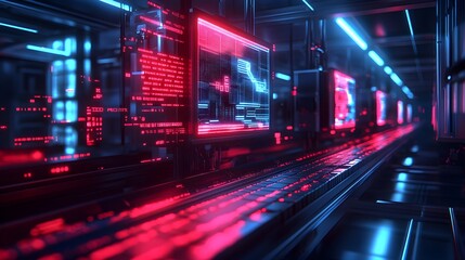 Fototapeta premium Automated food factory with advanced AI-driven systems ensuring quality control, vibrant holographic displays, robotic machines, chrome and neon accents, futuristic atmosphere, digital art