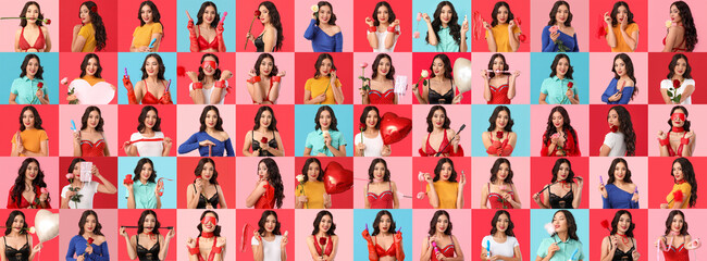 Big collage of attractive Asian woman with sex toys, gifts and roses on color background
