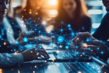 Collaboration on a digital project with data analysis and network connections during evening hours in a modern workspace. Generative AI
