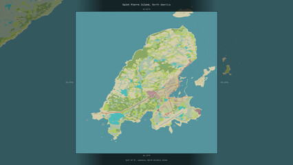 Saint Pierre Island, France, highlighted and labelled. Topo Humanitarian © zelwanka