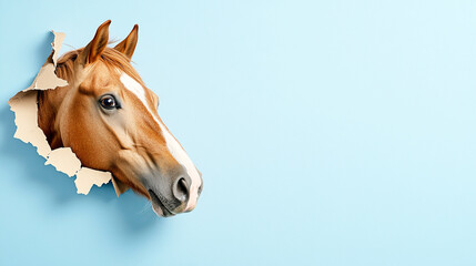 Obraz premium real-big-horse-looking-up-paper-side-torn-hole