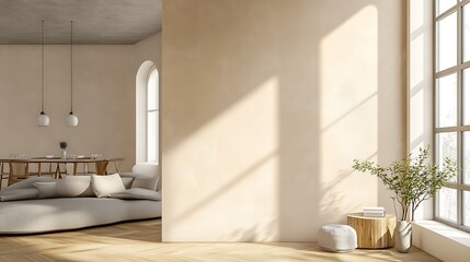  Beige home living room interior with rest and dining zone, window. Mockup wall 