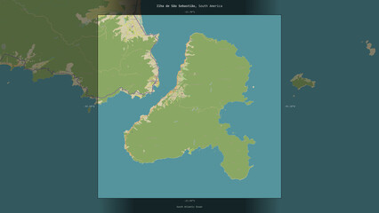 Ilha de Sao Sebastiao, Brazil, highlighted and labelled. Topo Humanitarian © zelwanka
