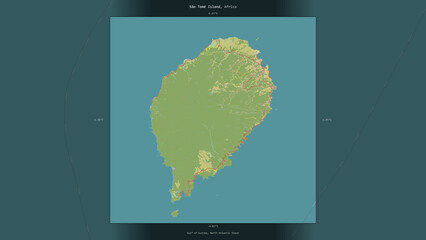 Sao Tome Island, Sao Tome and Principe, highlighted and labelled. Topo Humanitarian © zelwanka