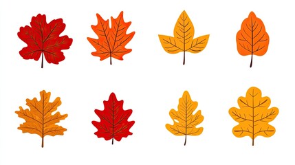 A set of eight autumn leaves in red, orange, and yellow colors.