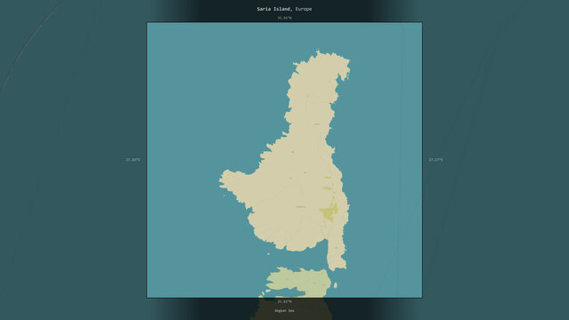 Saria Island, Greece, highlighted and labelled. Topo Humanitarian