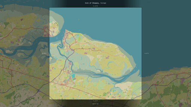 Isle of Sheppey, United Kingdom, highlighted and labelled. Topo Humanitarian
