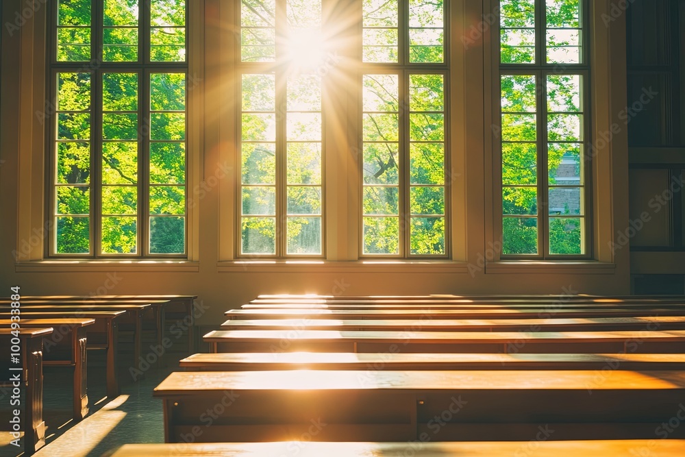Poster natural light streams through large windows in a serene, empty classroom surrounded by trees during 