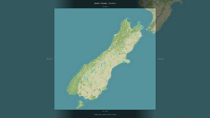 South Island, New Zealand, highlighted and labelled. Topo Humanitarian © zelwanka