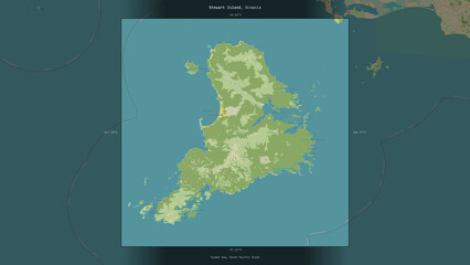 Stewart Island, New Zealand, highlighted and labelled. Topo Humanitarian © zelwanka