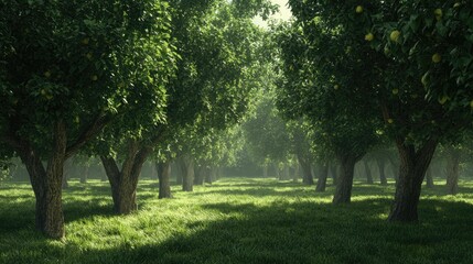 Naklejka premium A sunlit grove of trees with green grass and fog in the background.