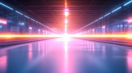 Factory with autonomous robots ensuring food safety, clean white walls, advanced holographic controls, vibrant neon lighting, futuristic, digital illustration, high-tech design