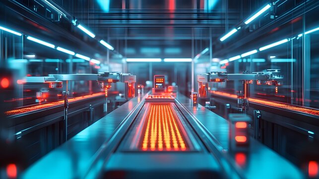 Hyper-modern food plant, advanced AI-driven quality control system, hovering drones scanning food on conveyor belts, sleek metallic surfaces and soft neon light