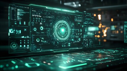 Fototapeta premium An AI quality control interface with floating holograms, scanning a translucent product, glowing green indicators, sleek and minimalistic design, digital illustration, Sci-Fi style