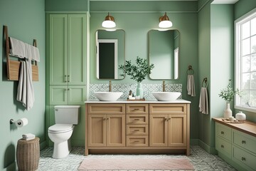 Bright Scandinavian Bathroom Decor with Pastel Green Cabinetry, Vessel Sink, Oak Vanity, and Chic Accessories 3D Rendering